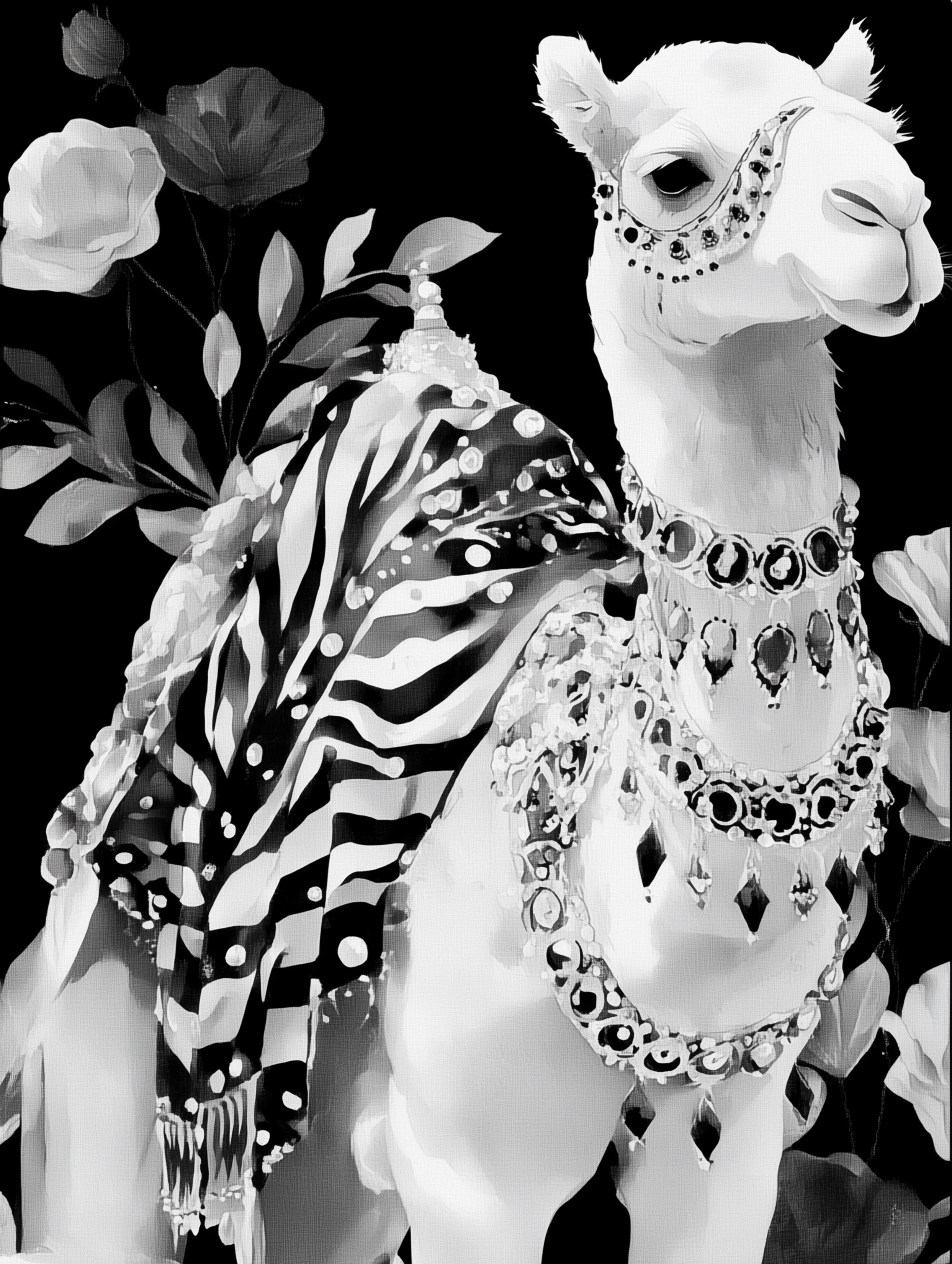 Free printable camel coloring page for adults featuring a white camel with saddle wrap